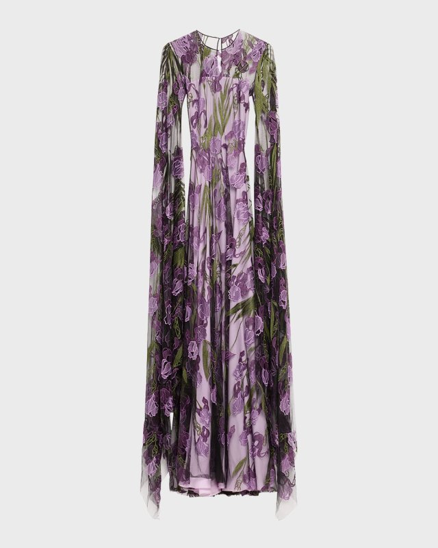 Floral Lace Embroidered Gown with Cascading Sleeves
